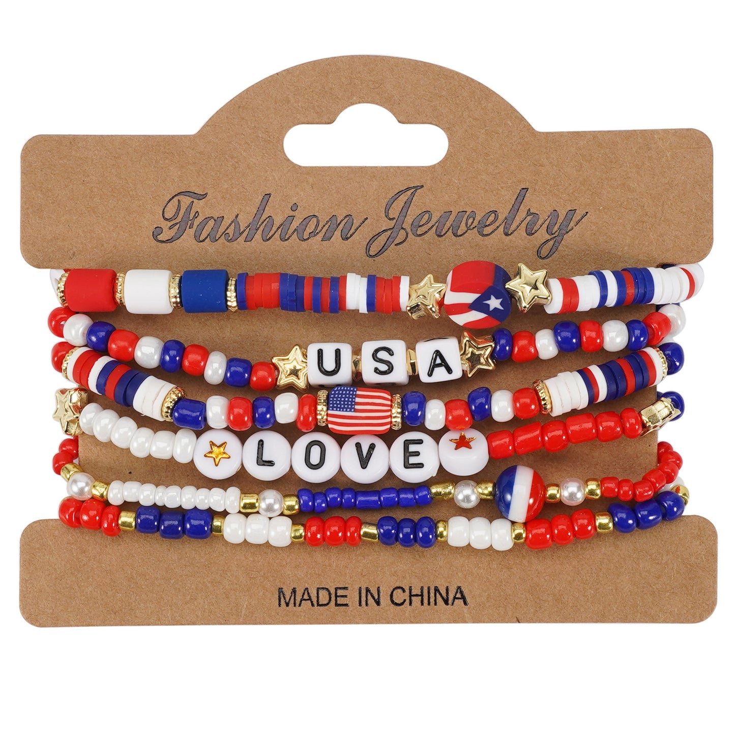 Geometric Resin Beaded Bracelet Red White Blue Patriotic Design Unisex