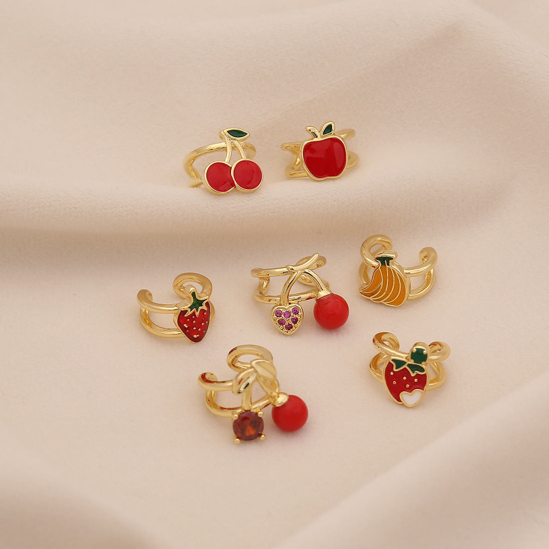 Cute Fruit-Shaped Enamel Cherry Strawberry Apple Stud Earrings for Women in Copper