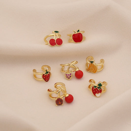 Cute Fruit-Shaped Enamel Cherry Strawberry Apple Stud Earrings for Women in Copper