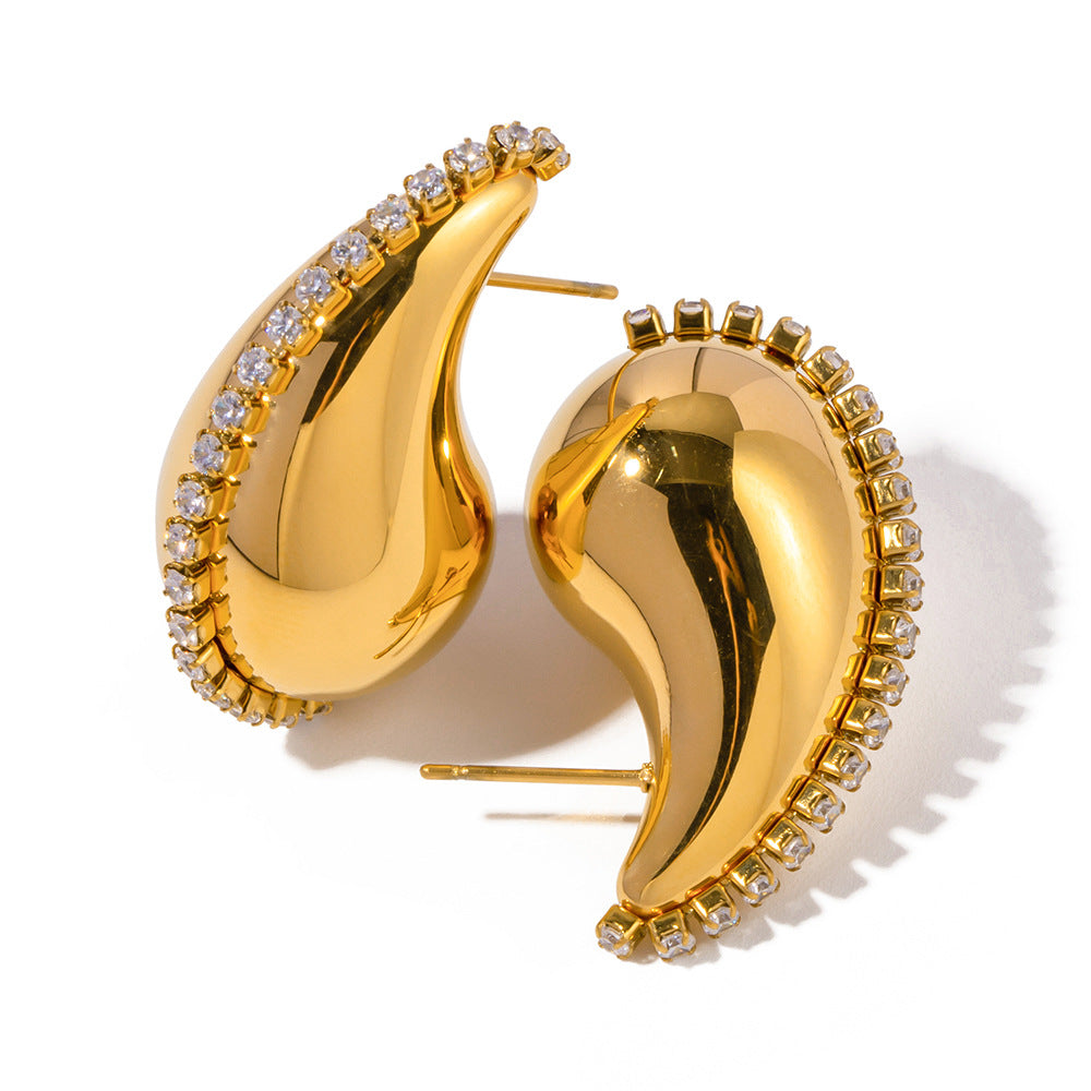 Pendientes de Mujer de Acero Inoxidable con Zirconia y Baño de Oro de 18K, Diseño Geométrico de Gota de Agua