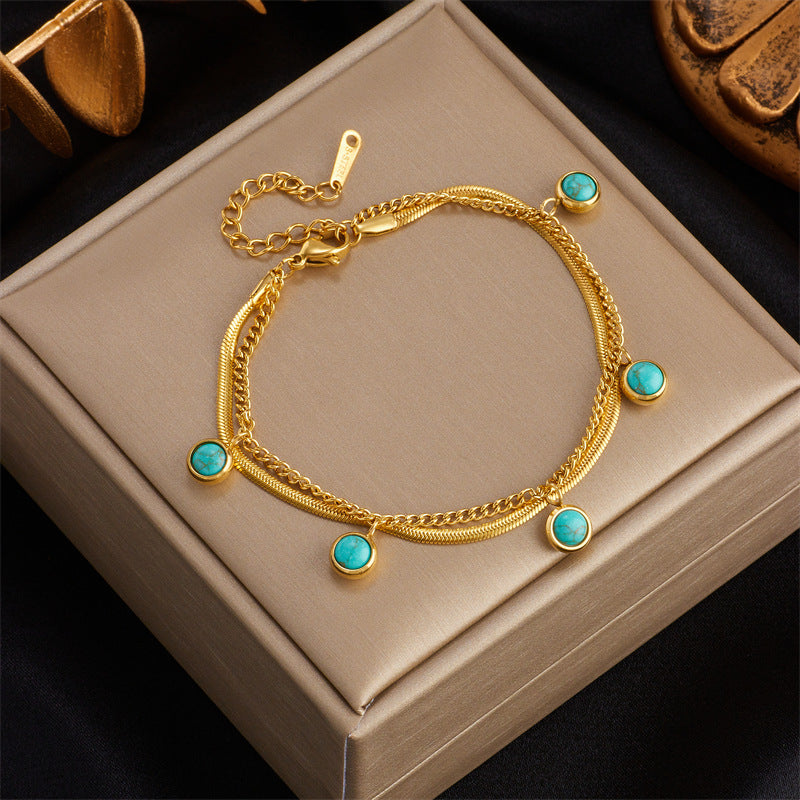 Vintage Minimalist Titanium Steel Double-Layer Turquoise Pendant Bracelet with Plated Finish