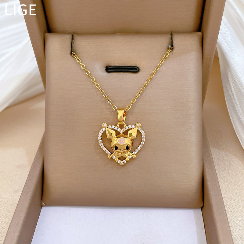 Sweet Luxury Heart Geometric Rhinestone Pendant Necklace Titanium Steel Cable Chain Unisex