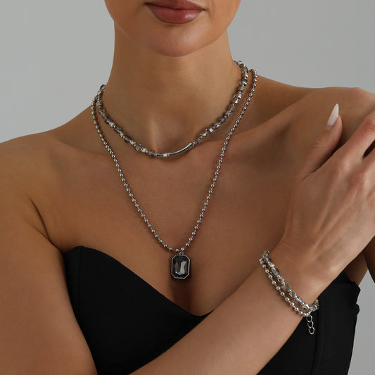 Casual Geometric Square Crystal Plastic Alloy Plated Layered Necklace for Women