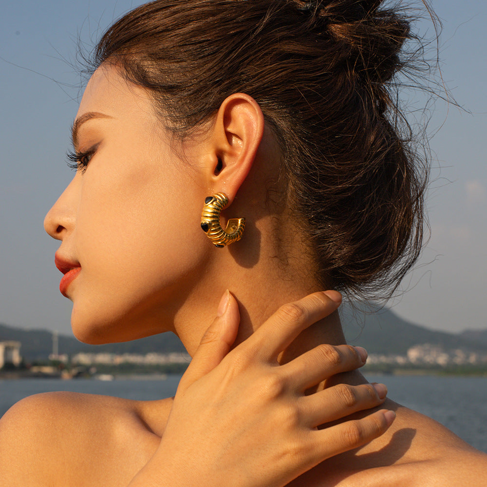 Geometric Black Zircon Snake Chain Earrings in Stainless Steel with Rhinestone Inlay and Matte Bread Texture Finish for Women