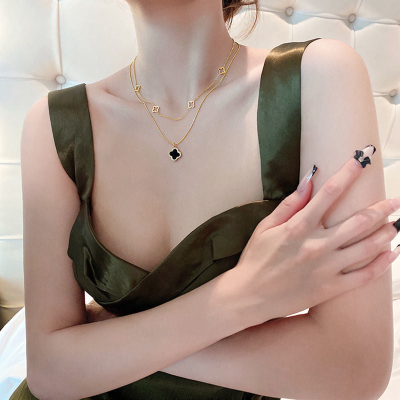 Minimalist Clover Pendant Necklace for Women in Titanium Steel with Gold Plating on O-Chain Adjustable Layered Locket Style