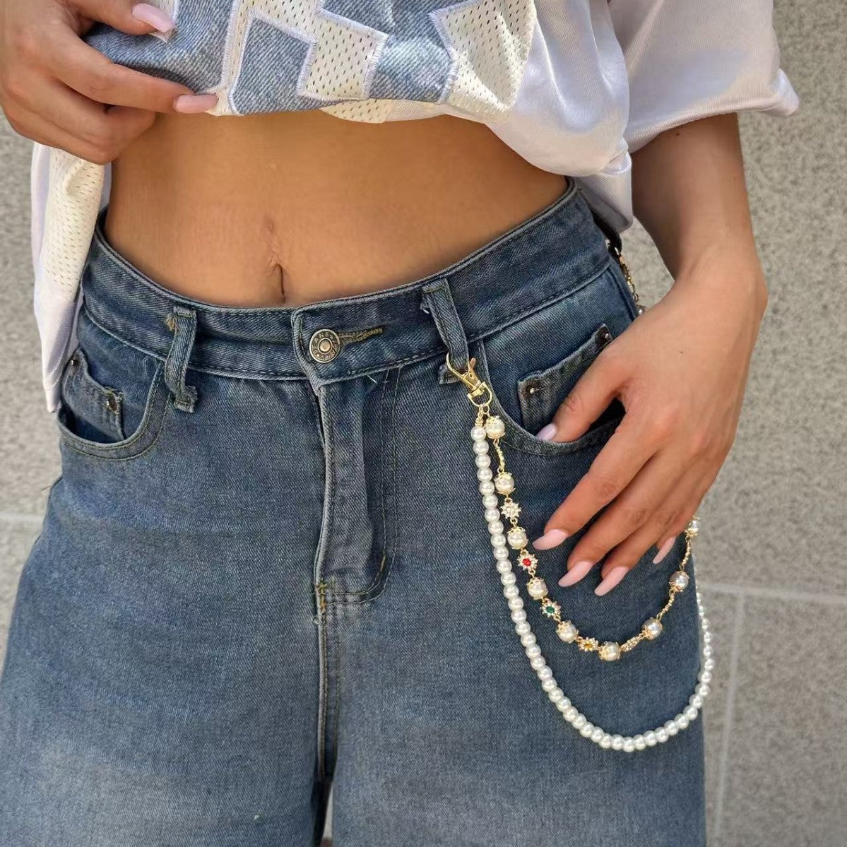 Catenina da vita in metallo stile hip-hop con perle e design floreale unisex