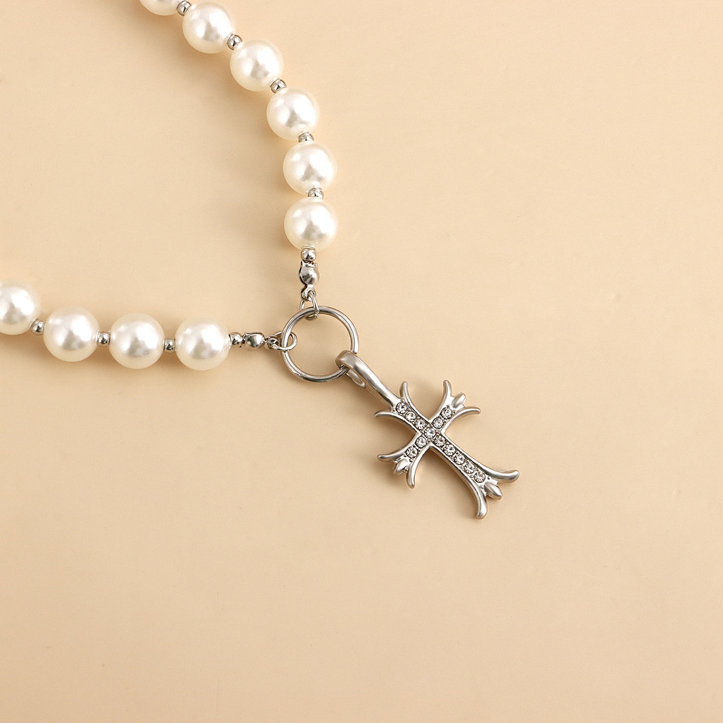Geometric Cross Pendant Necklace with Rhinestone Inlay and Pearl Chain in Alloy, Plated Finish, Women's Clavicle Chain