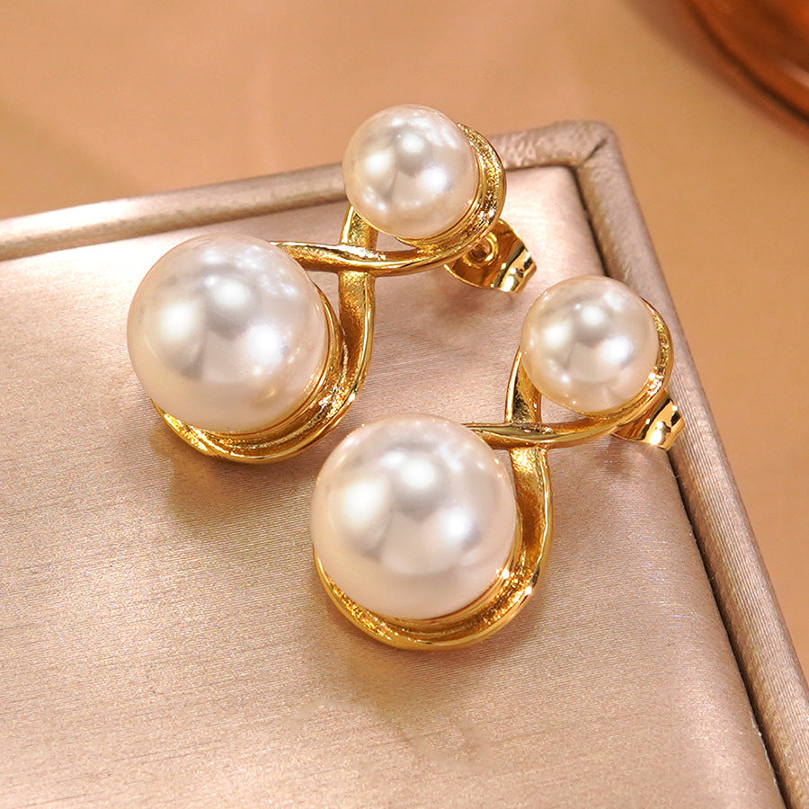 Vintage Elegant Geometric Round Gold Plated Stainless Steel Pearl Earrings