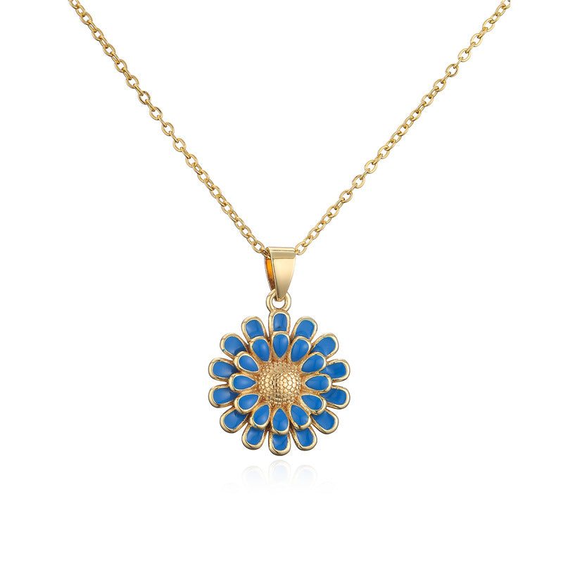 18K Gold Plated Brass Drip Oil Geometric Sunflower Pendant Box Chain Necklace