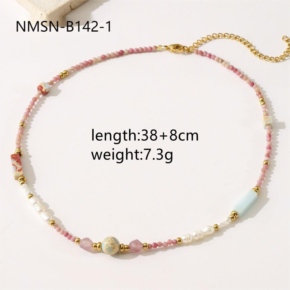 Elegante Collar de Cristales Rosas y Jaspe Rojo con Perlas de Agua Dulce en Cadena de Acero Inoxidable para Mujer