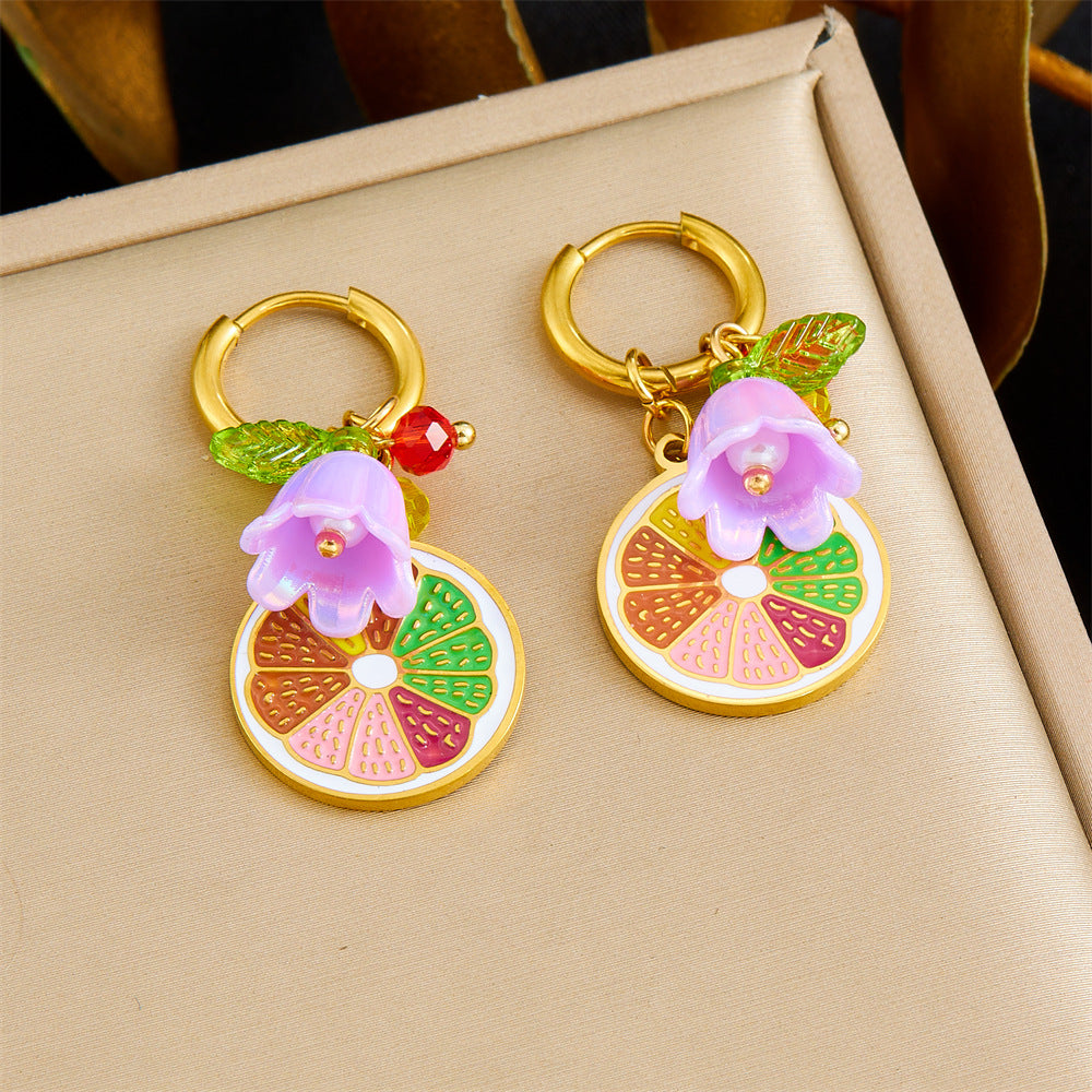 Sweet Cartoon Round Plated Stainless Steel Earrings with Lemon and Flower Pattern