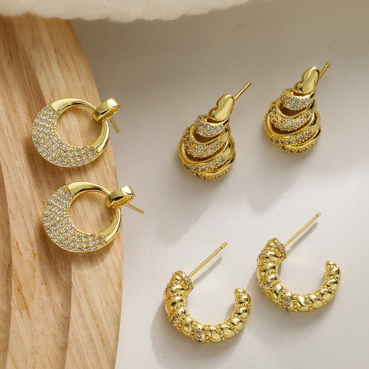 Geometric Earrings for Women with Copper Base and 18K Gold Plating, Micro-Paved Zirconia, Vintage-Inspired Minimalist Design
