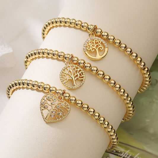 Minimalist 18K Gold Plated Brass Geometric Tree of Life Cubic Zirconia Inlay Bracelet for Women