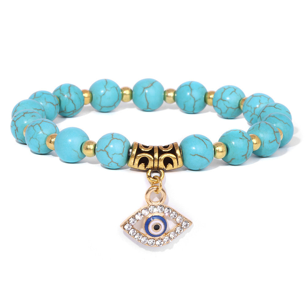Vintage Minimalist Geometric Agate Beaded Bracelet with Evil Eye Pendant Unisex Jewelry