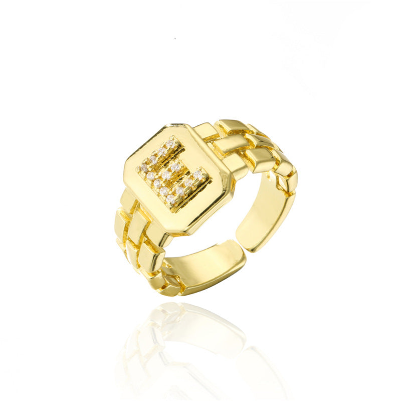 Minimalist Adjustable Open Ring with 18K Gold Plated Copper Band and AAA Zircon Letters Design