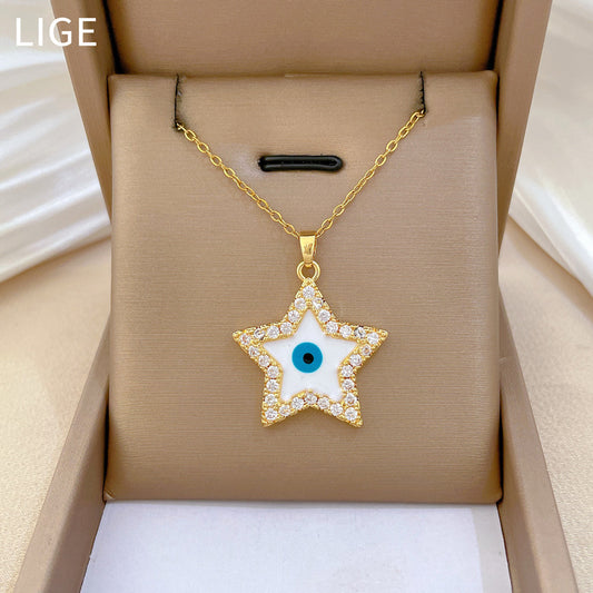 Collar minimalista de acero de titanio esmaltado con forma de estrella para mujer, con incrustaciones de diamantes de imitación y delicada cadena para la clavícula