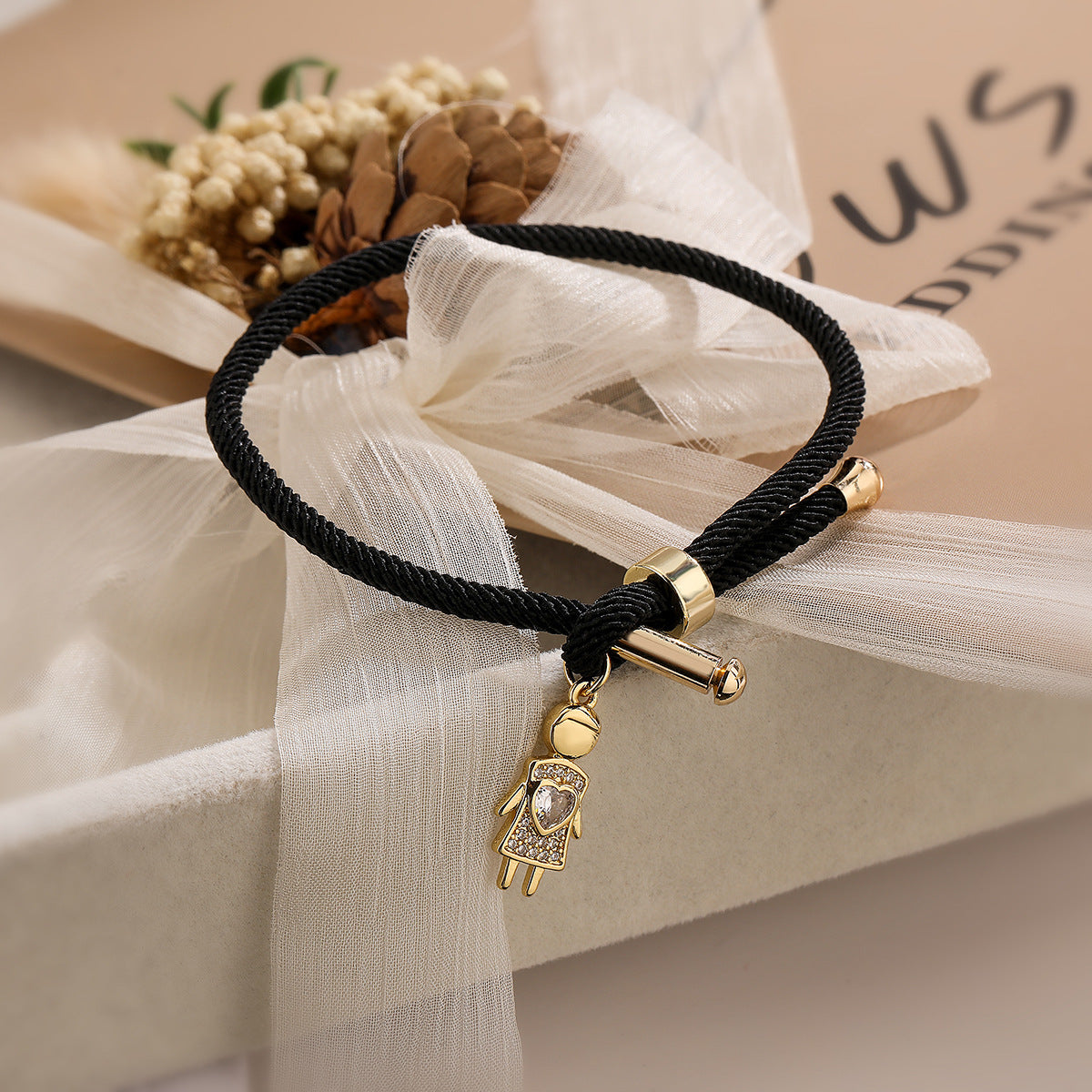 Geometric Pendant Adjustable Drawstring Bracelet for Women with Copper Base Plated in Real Gold and Micro-Paved Zirconia