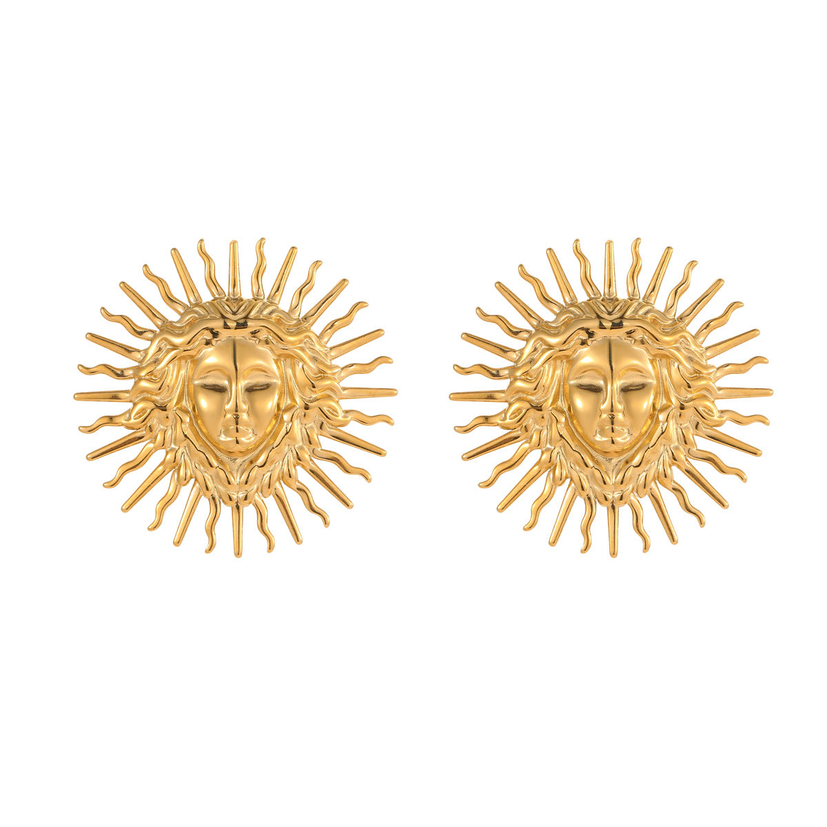 Pendientes de tuerca geométricos vintage Diosa del Sol en acero inoxidable con baño de oro para mujer