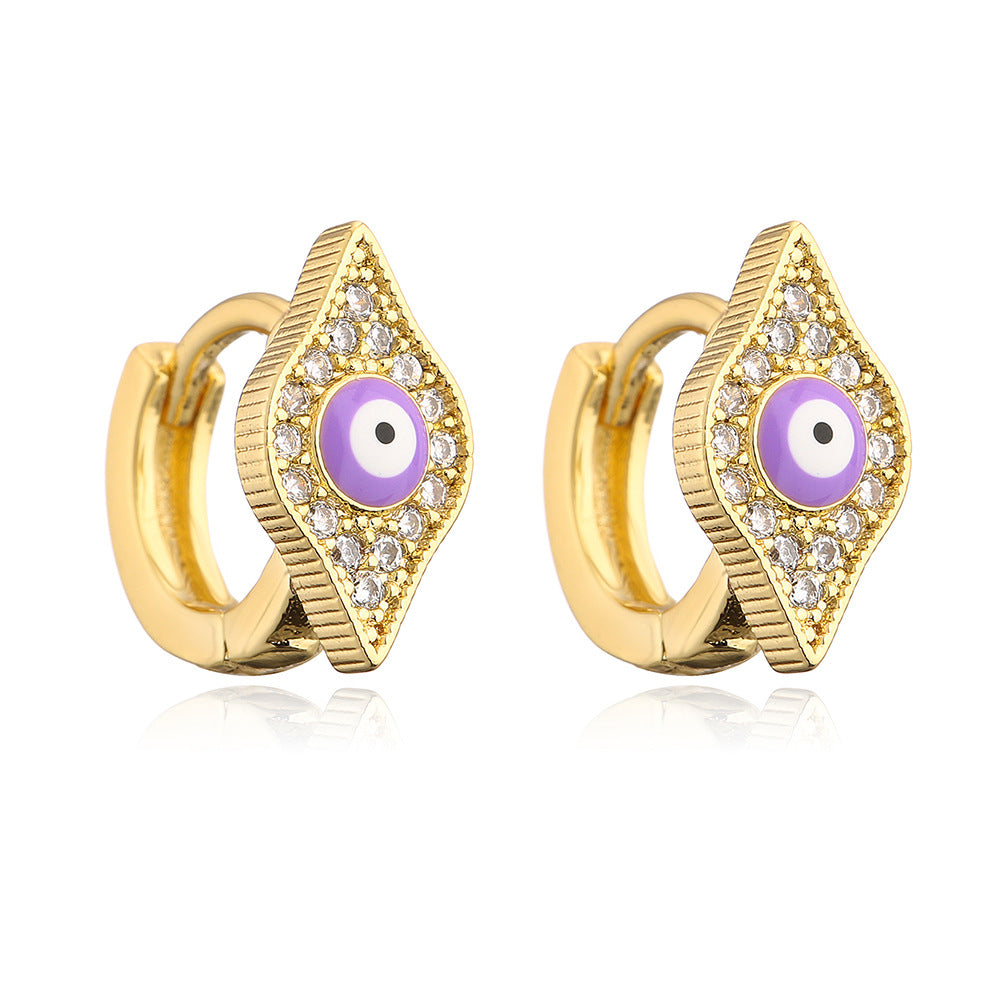Orecchini a Cerchio da Donna con Occhio di Allah Geometrico Minimalista in Rame con Placcatura in Oro 18K e Intarsio in Zirconia Smaltata