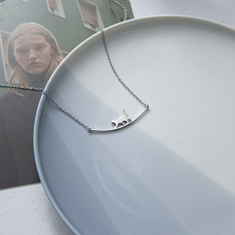 Minimalist Cat Pendant Necklace for Women Stainless Steel Geometric Locket Chain with Plated Finish