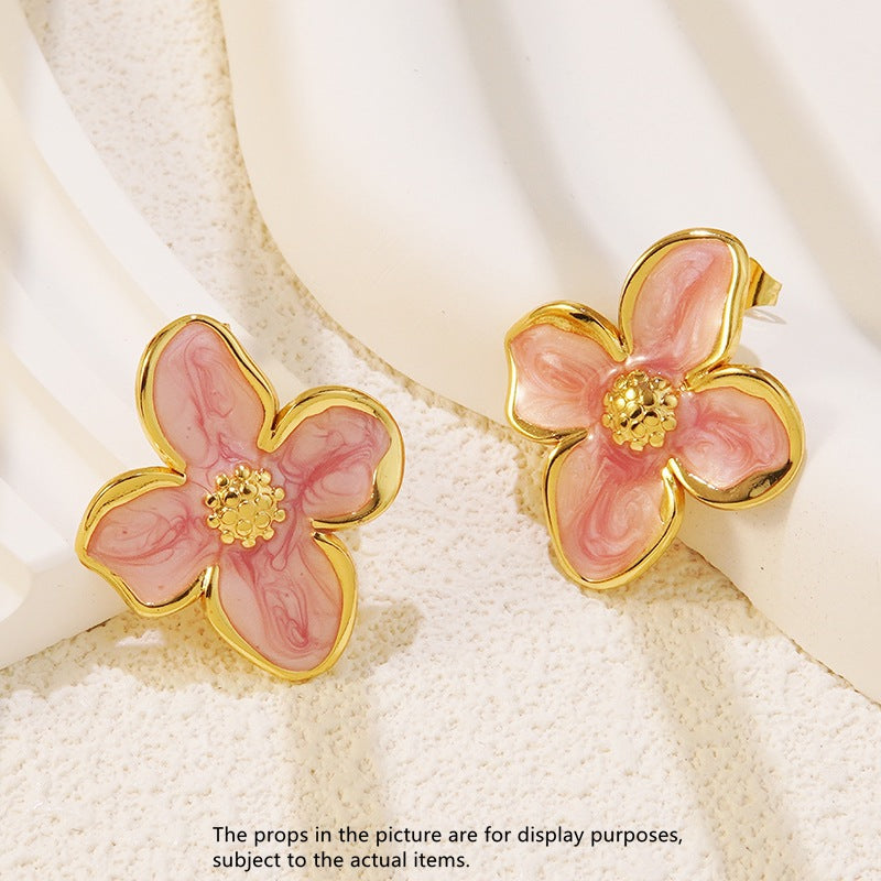 Vintage Sweet Floral Drip Oil Plated Titanium Steel Earrings for Women