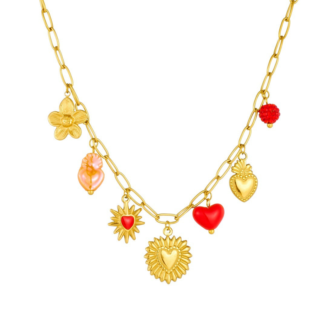 Vintage Elegant Gold Plated Drip Oil Heart Floral Stainless Steel Pendant Curb Chain Jewelry Set for Women