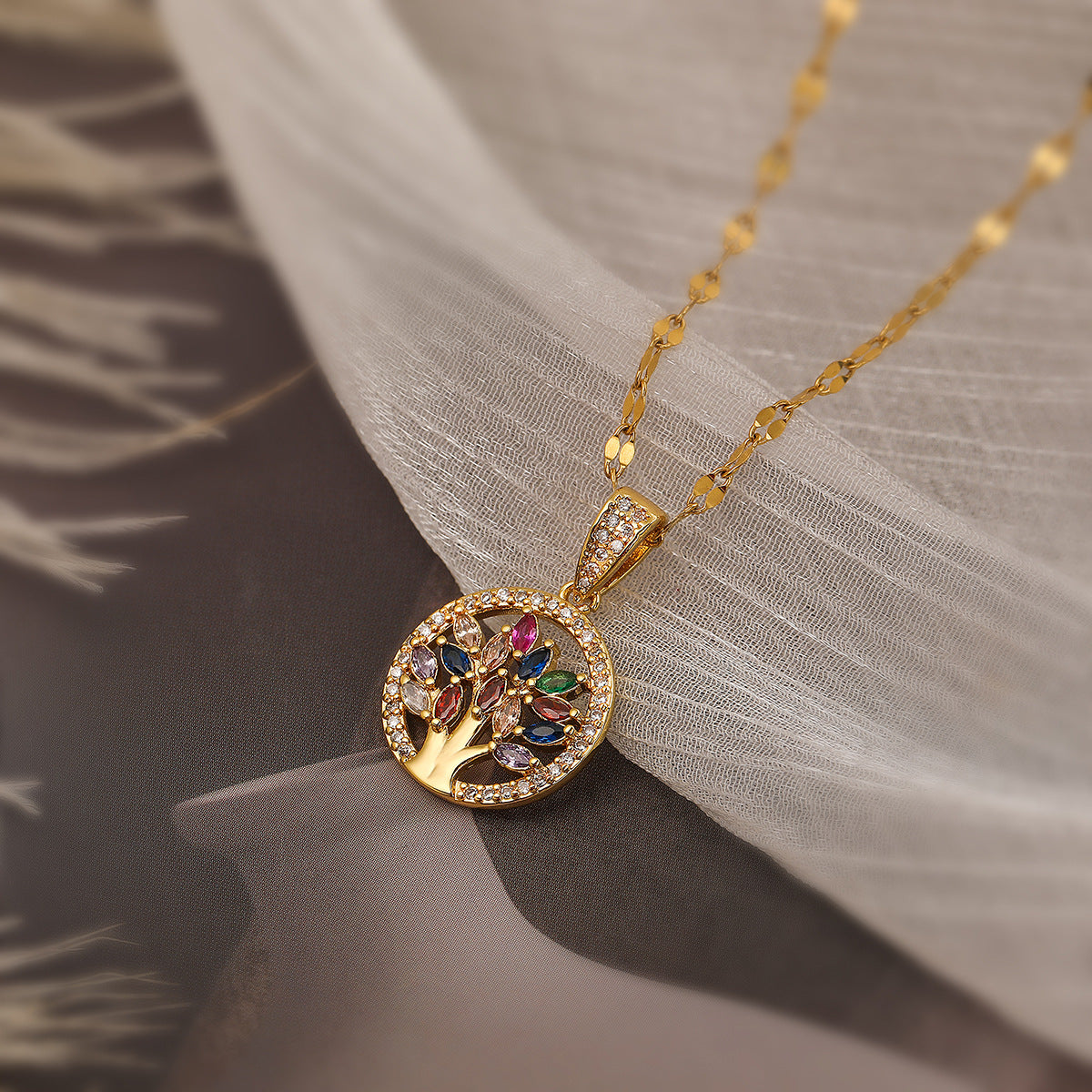 Minimalist Geometric Tree of Life Pendant Necklace for Women in Brass with Real Gold Plating and Zircon Inlay