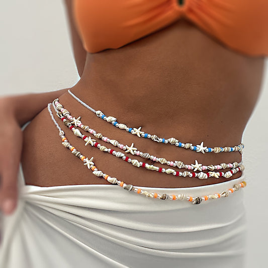 Bohemian Beaded Waist Chain for Women with Starfish and Seashell Charms Made of Seed Beads Acrylic Polymer Clay and Simulated Pearls
