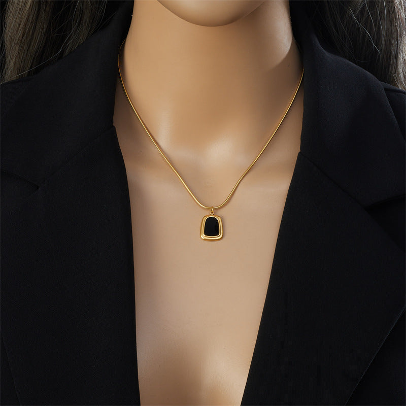 Vintage-Inspired Geometric Trapezoid Pendant Necklace and Earrings Set in Gold-Plated Stainless Steel for Women