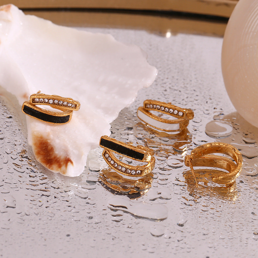 Orecchini Eleganti a U in Acciaio al Titanio con Finitura Geometrica, Placcatura in Oro 18K e Smalto, Stile Ufficio