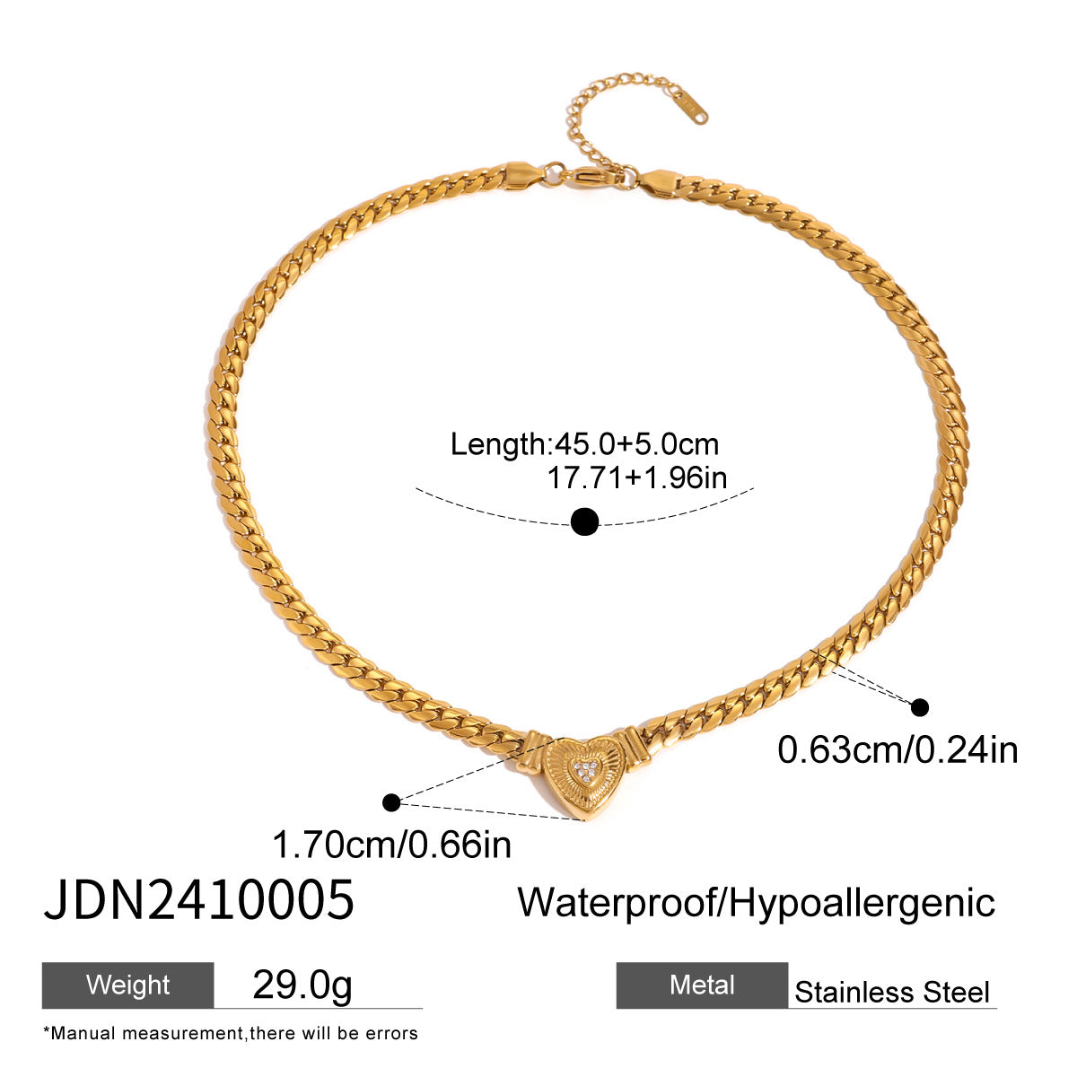 Elegante collana da donna in acciaio inossidabile a forma di cuore con intarsi in strass e finitura placcata