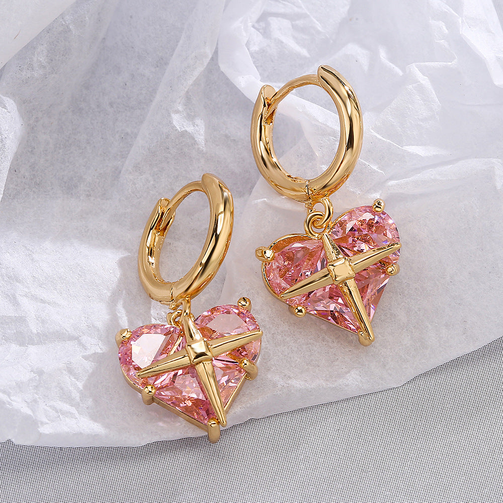 Orecchini minimalisti a forma di cuore in rame con placcatura in oro vero e intarsio in zircone per donna