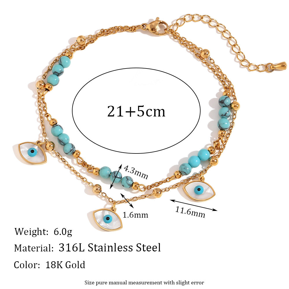 Fashion Geometric Stainless Steel Anklet with 18K Gold Plating, White Abalone Shell Eyes and Blue Turquoise Accents