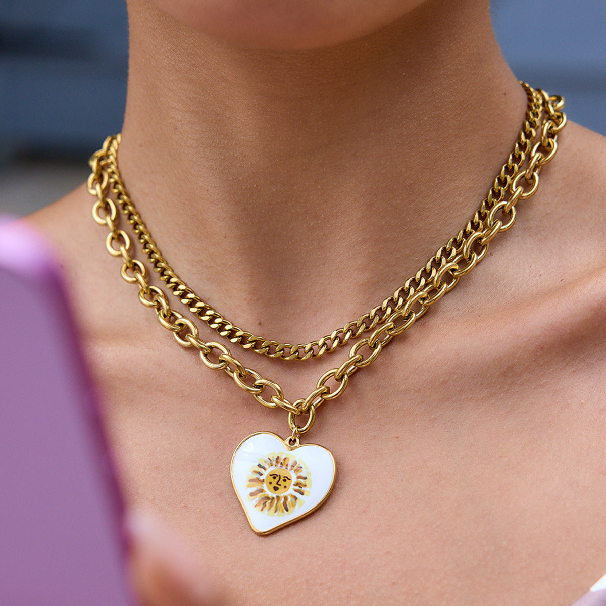 Collana Minimalista a Cuore in Acciaio Inossidabile Smaltato con Pendente in Acciaio al Titanio da Donna