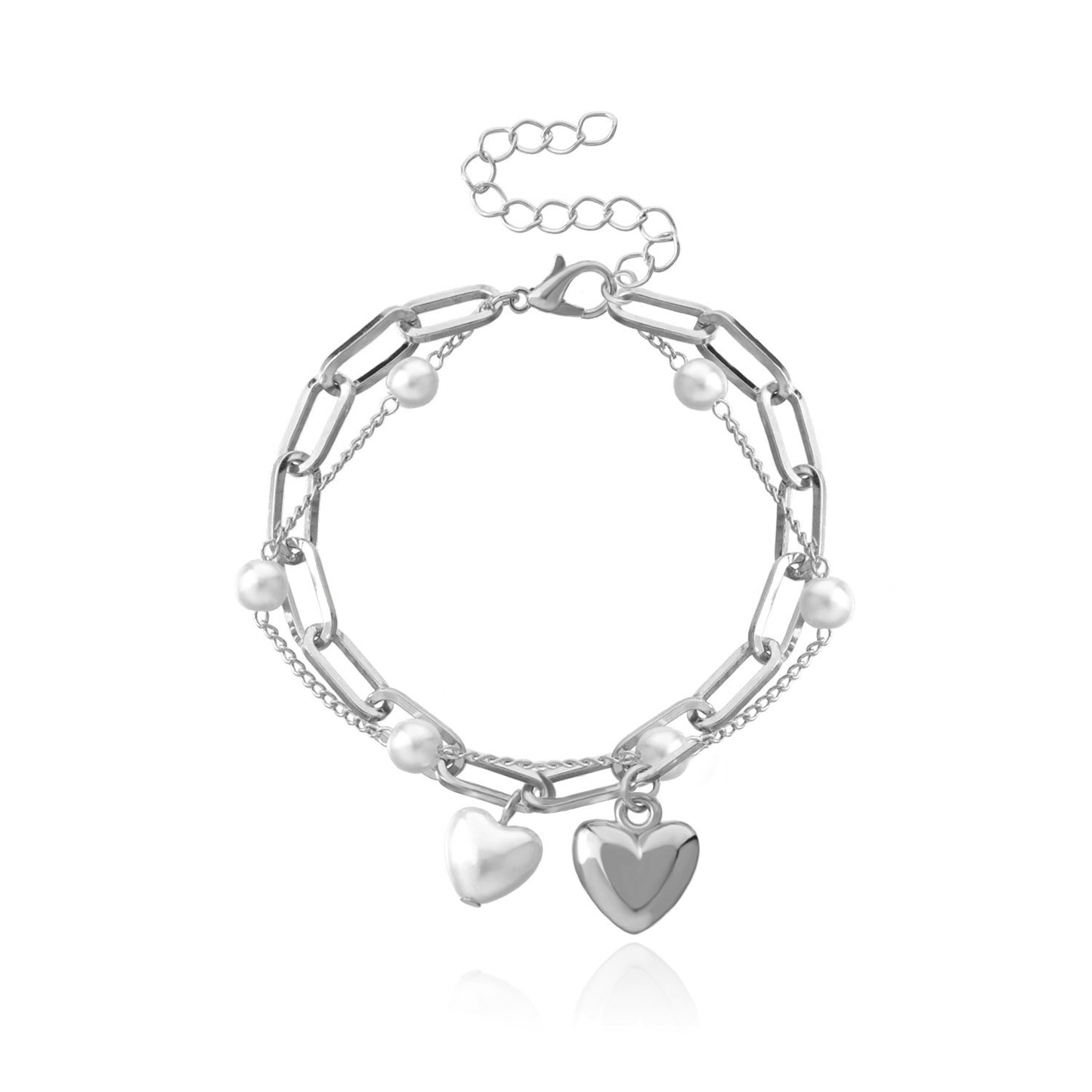 Punk Style Heart-Shaped Alloy Bracelet for Women with Electroplated Finish and Pearl Accent
