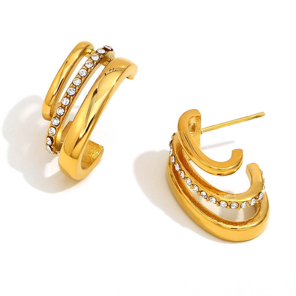 Minimalist Geometric Stainless Steel Earrings with 18K Gold Plating and Rhinestone Accents for Women