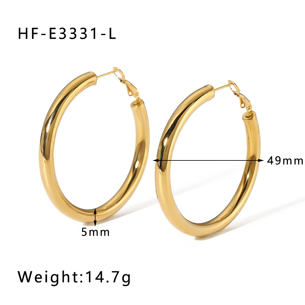 Retro Hip-Hop Minimalist Round Stainless Steel Hollow Hoop Earrings with 18K Gold Plating for Women