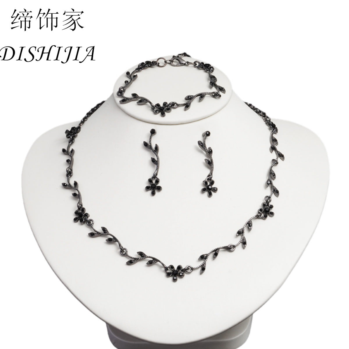 Natural Style Leaf-Shaped Rhinestone-Set Alloy Necklace Earrings Bracelet Jewelry Set for Women with Plated Finish and O-Chain