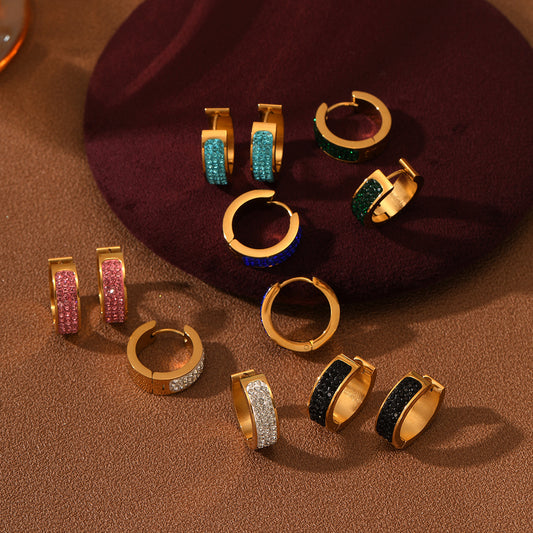 Fashionable Minimalist Round Titanium Steel Earrings with 18K Gold Plating and Full Rhinestone Inlay for Women