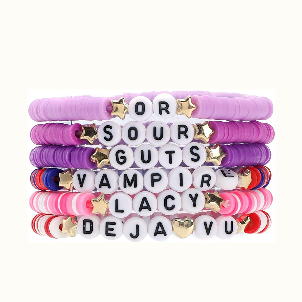 Purple Resin Letter Charm Bar Bracelet Set Unisex