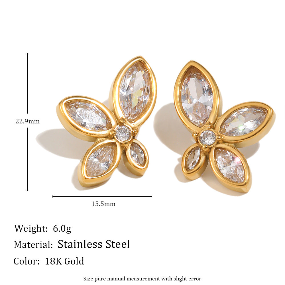 Orecchini a perno con fiori eleganti e minimalisti in acciaio inossidabile placcato oro 18 carati con zirconia cubica da donna