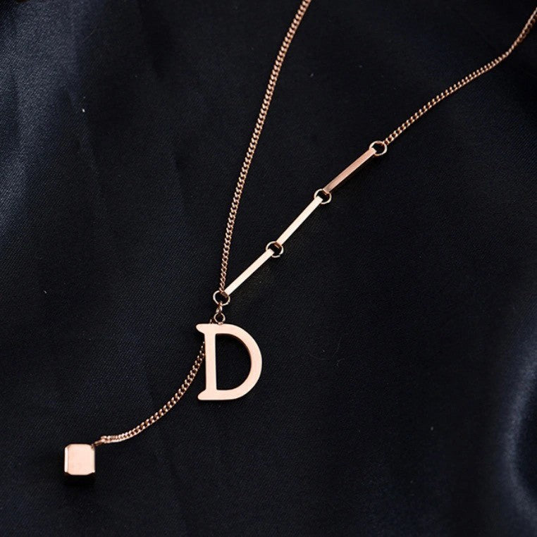 Minimalist Letter D Pendant Necklace in Titanium Steel with Real Gold Plating for Women