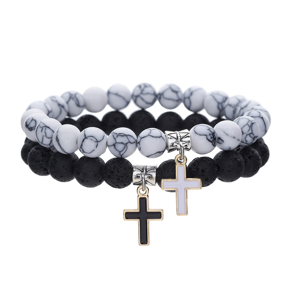 Minimalist Geometric 8mm White Pine Volcanic Stone and Hematite Ball Chain Bracelet Set with Cross and Astronaut Charms