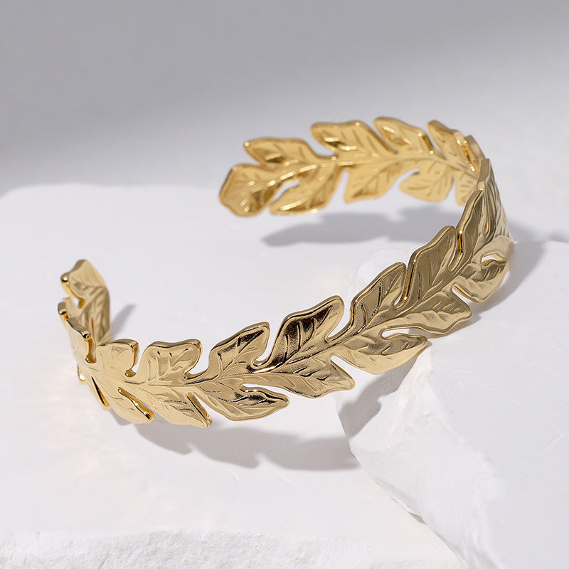 Natural Style Leaf-Shaped Titanium Steel Bracelet with Adjustable Opening and Electroplated Finish