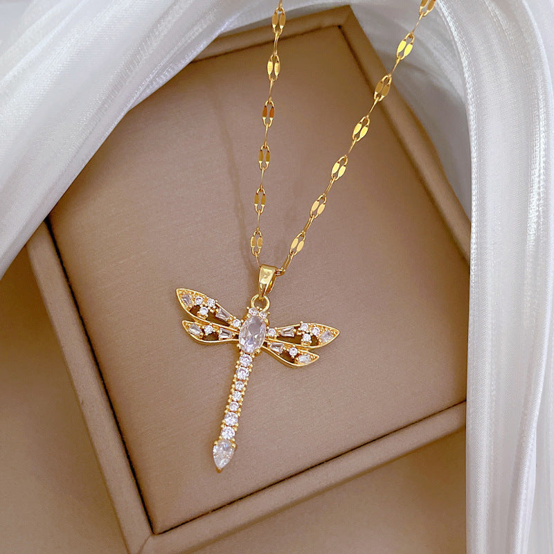 Collana con Ciondolo Libellula Lusso Svuotata con Zirconi per Donne Acciaio Inossidabile Delicata Catena Clavicola con Design Geometrico