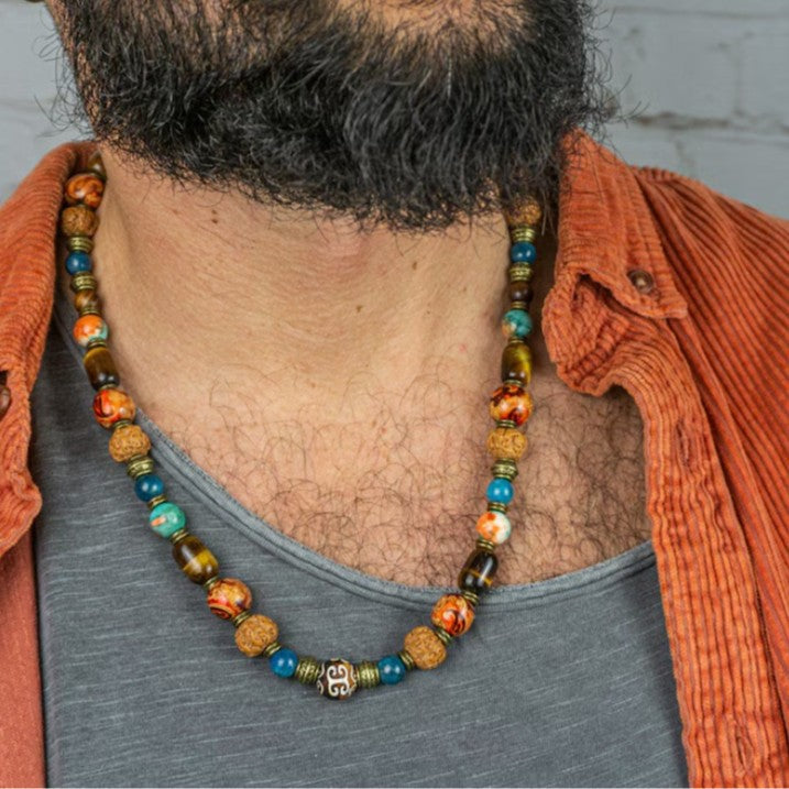Vintage Ethnic Geometric Round Tiger Eye Stone Wood Beaded Alloy Necklace for Men and Women