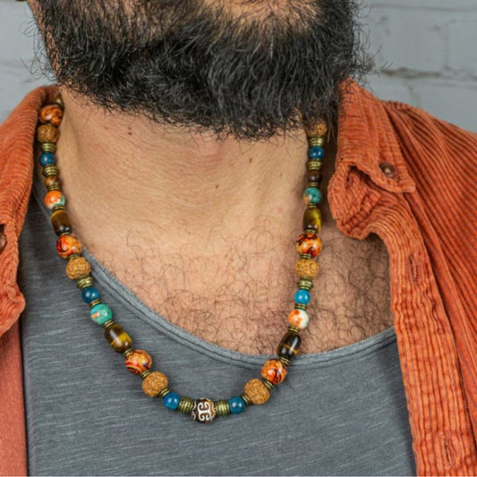 Vintage Ethnic Geometric Round Tiger Eye Stone Wood Beaded Alloy Necklace for Men and Women