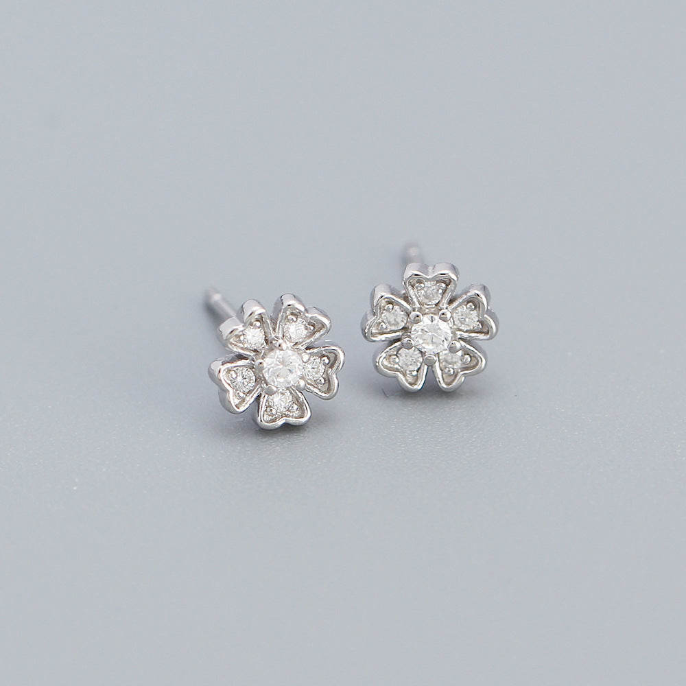 Vintage Sweet Floral 925 Sterling Silver Cubic Zirconia Stud Earrings for Women