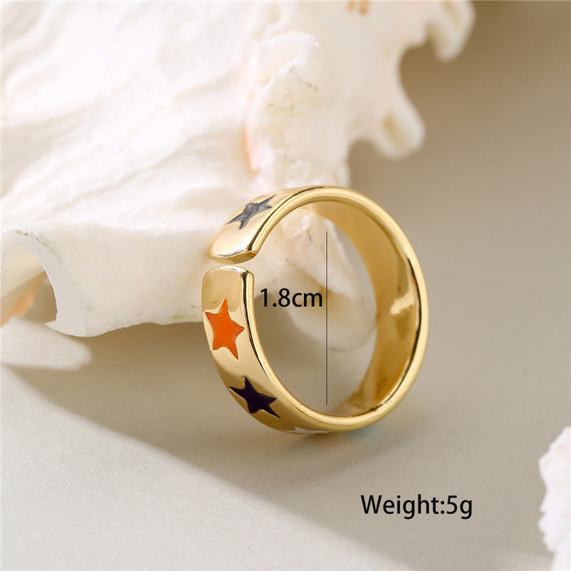 Rainbow Gradient Drip Oil Gold Plated Brass Star Ring for Women
