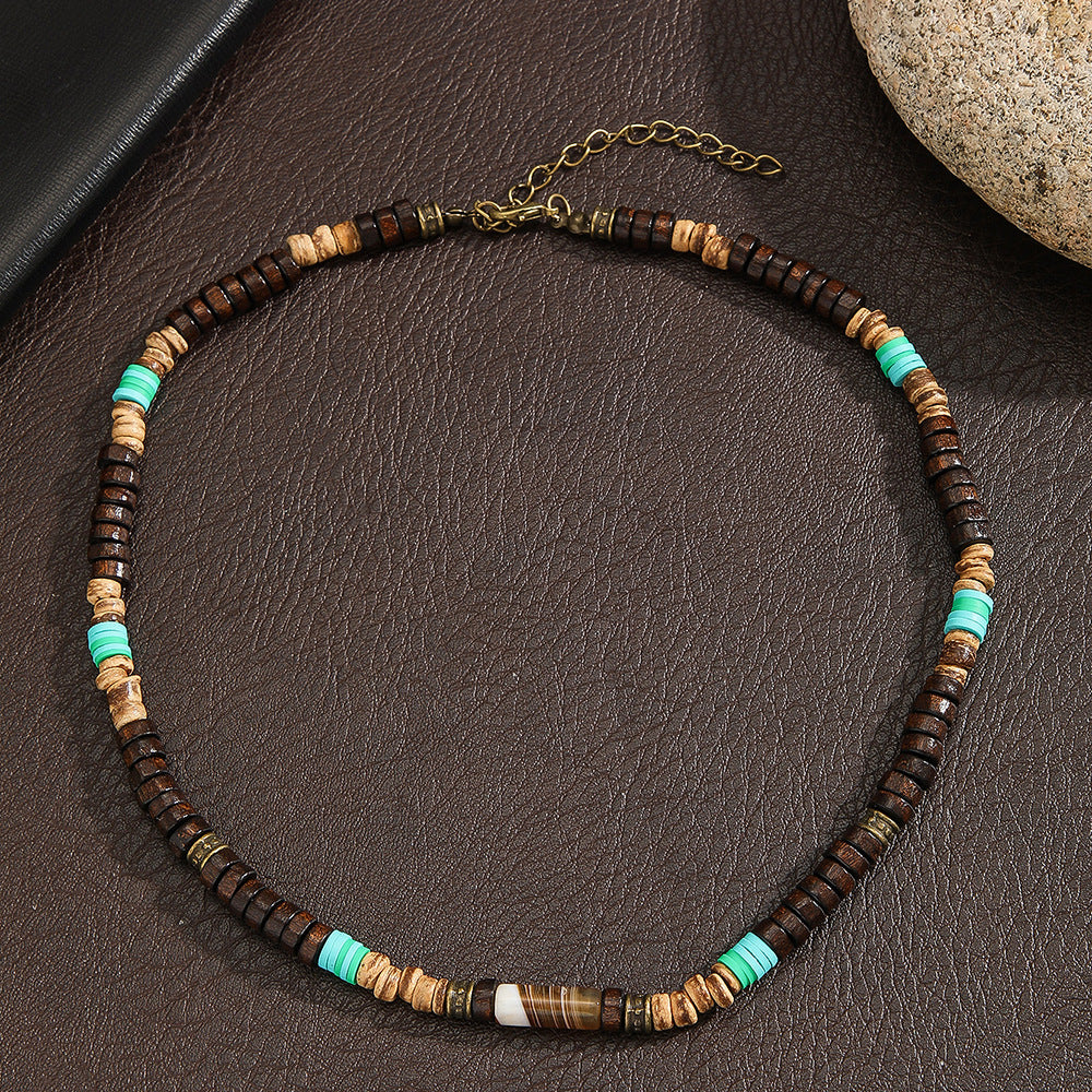 Bohemian Minimalist Geometric Round Coconut Shell Turquoise Stainless Steel Handmade Cable Chain Necklace for Unisex